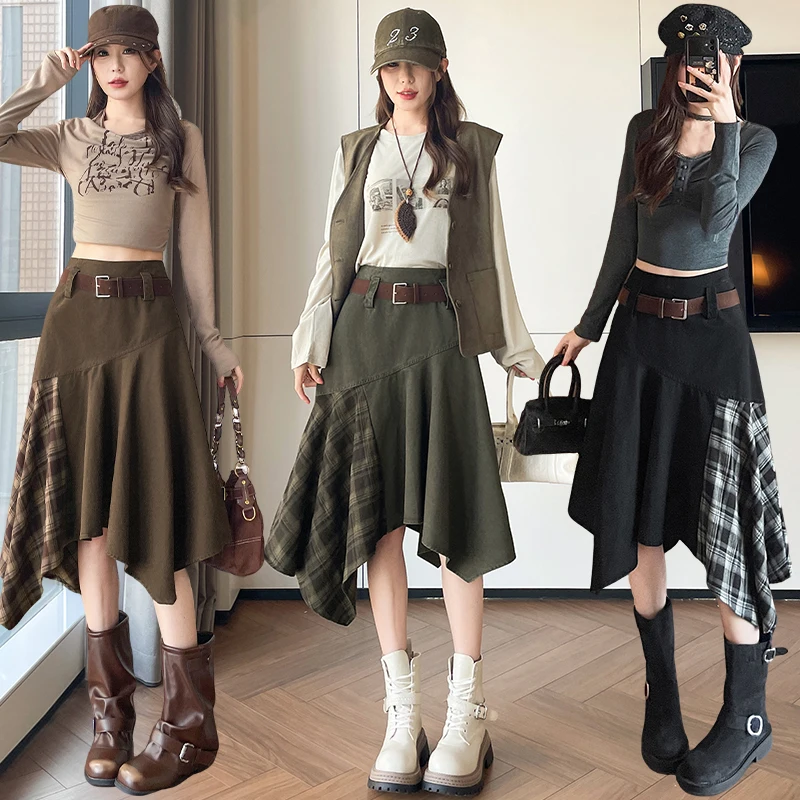 High Waist Plaid Splicing A-Line Skirt Women's Washed Slim Fit Midi Skirt Vintage Style Mid-Length Regular Thickness