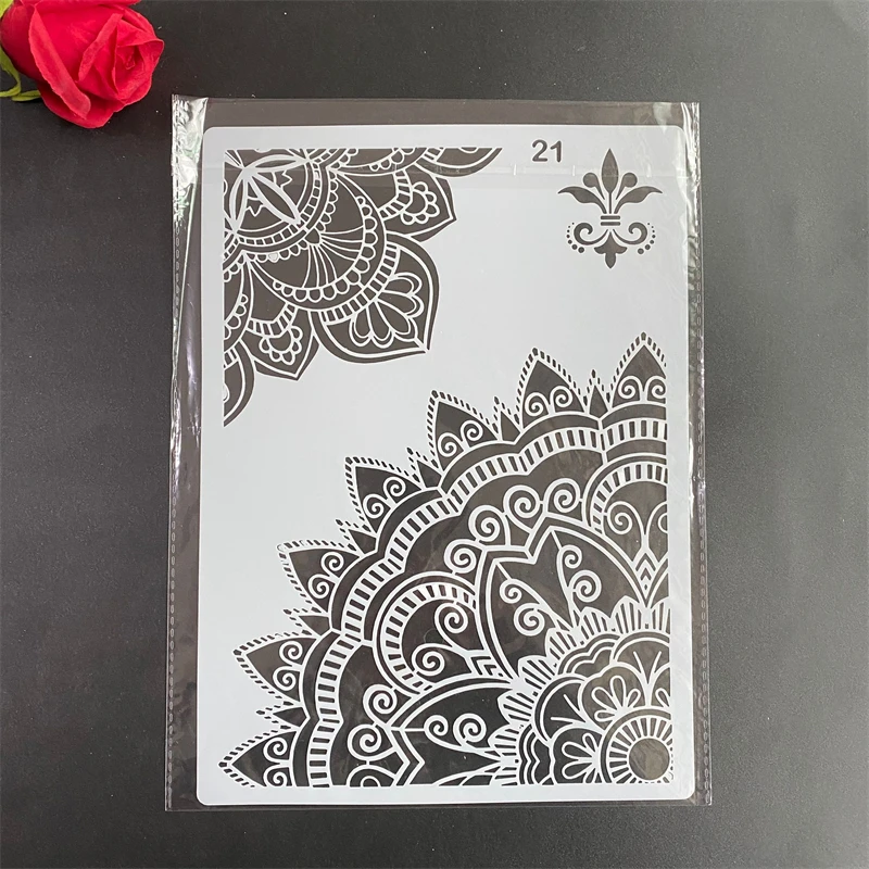 Plantillas redondas de Mandala A4, 29x21cm, bricolaje, pintura de pared, libro de recortes colorear, álbum en relieve, plantilla de tarjeta de papel