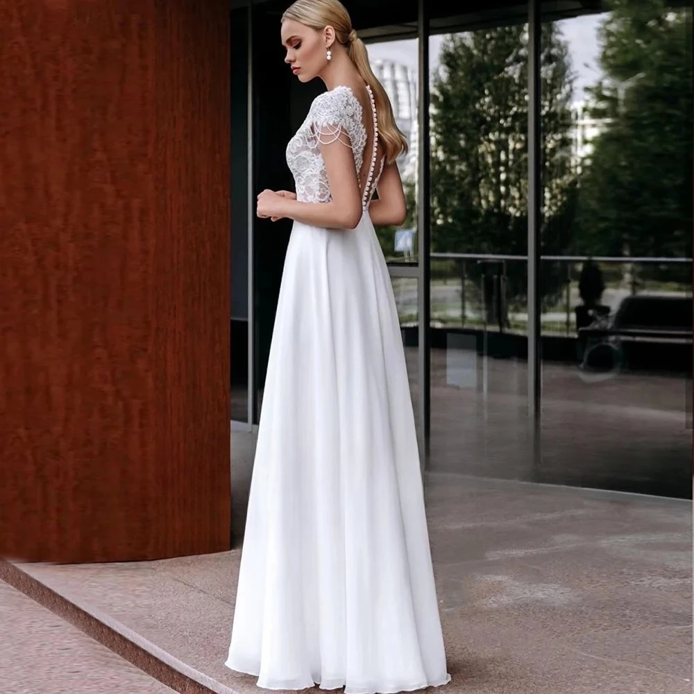 

Simple White Chiffon Floor Length Bohemian Wedding Dress for Bride Short Sleeves Bead Button Back Civil Bridal Custom Made Gown