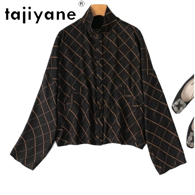 

TAJIYANE 100% Mulberry Silk Shirts for Women Xiangyun Sha Short Checked Jacket Stand Collar Spring Tops 2026 Woman Clothes トップス