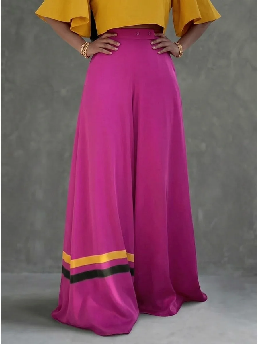 Pantalones Palazzo de Satén Fucsia para Mujer Freeacy, de Pierna Ancha, Cintura Alta, Cierre de Botones, con Bloques de Color y Dobladillo a Rayas, Holgados