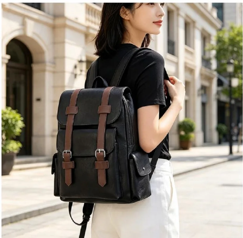 2026 Korean New Preppy Style Soft Leather Backpacks Men Women's Fashion High Capacity Travel Shoulder Bags Notebook School Bag