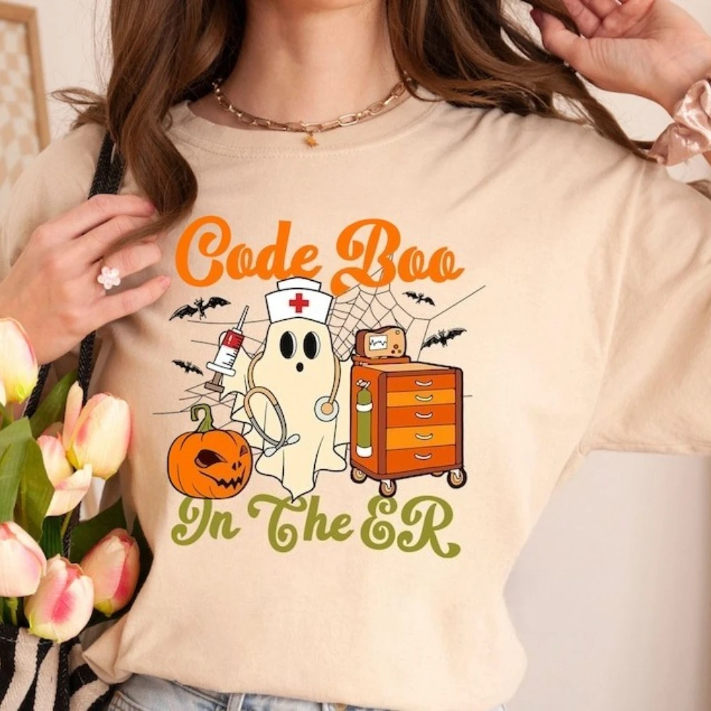 Code Boo Halloween Horror Emergency Nursing Printed T-shirt Tops Horrible Pumpkin Streetwear Classic Tshirt Unisex Trending Tops
