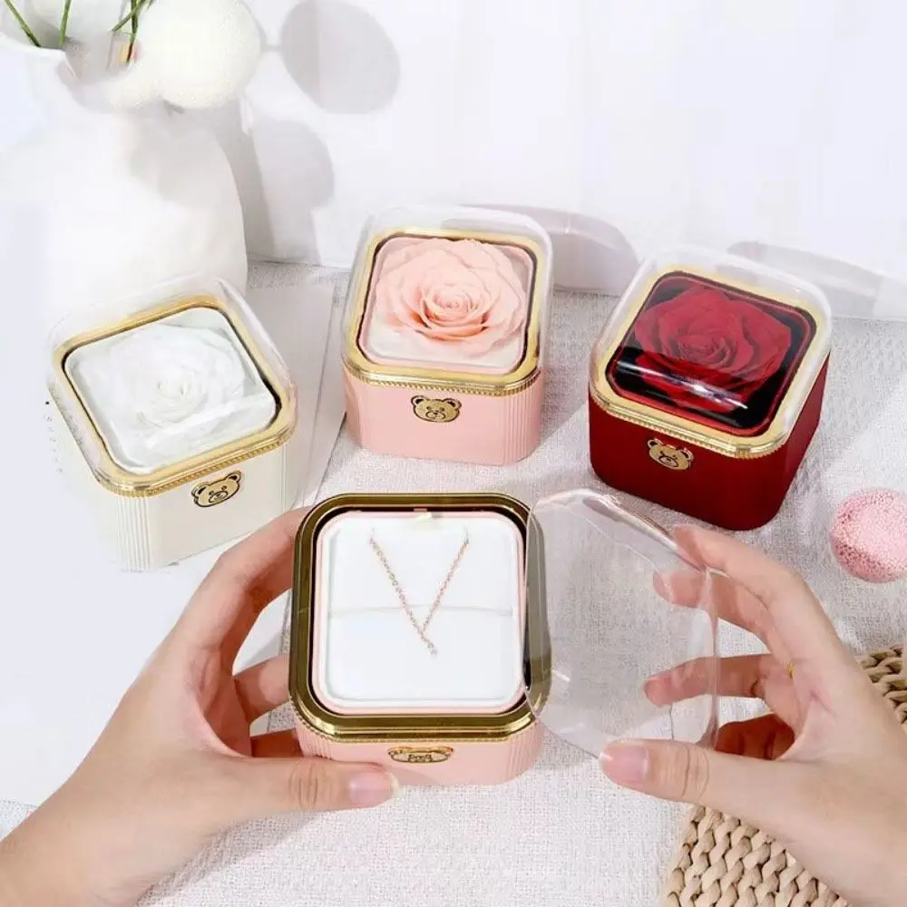 

Creative Cute Flip Necklace Box Dustproof Romantic Rotating Rose Box Automatic Plastic Necklace Storage Case For Valentine's Day