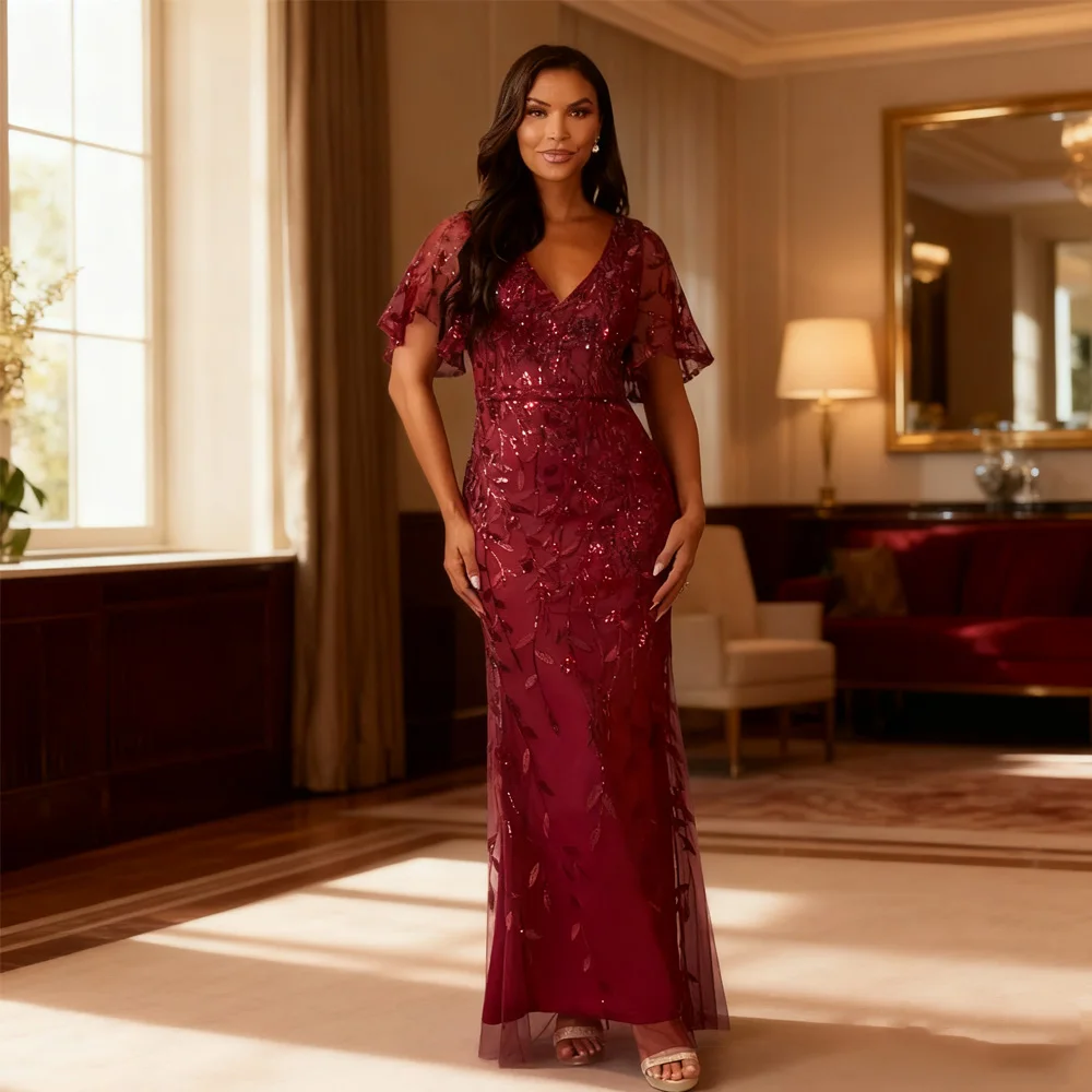 

Strapless Burgundy Mother of Bride Dresses for Women Half Sleeve Sheath Wedding Party Dresses with Lace 2025 Robe De Soirée New