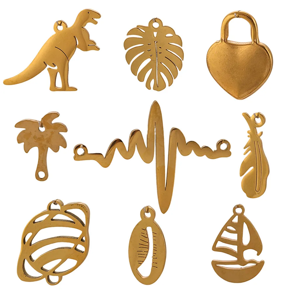 

5Pcs/Lot Stainless Steel Feathers Lock Coconut Tree Charms Hollow for Jewelry Making DIY Necklace Bracelet Accessories Component