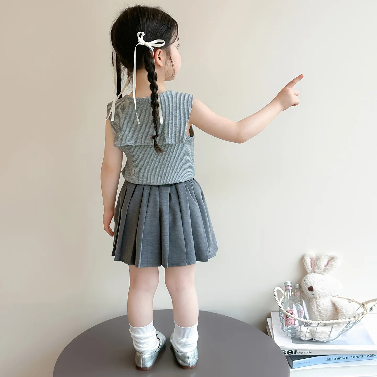 2026 Summer Baby Girls Cotton Preppy Style Lace Up Sailor Collar Shirt Top+Pleated Skirt Set Kids 2PCS Suit Child Dress Outfit