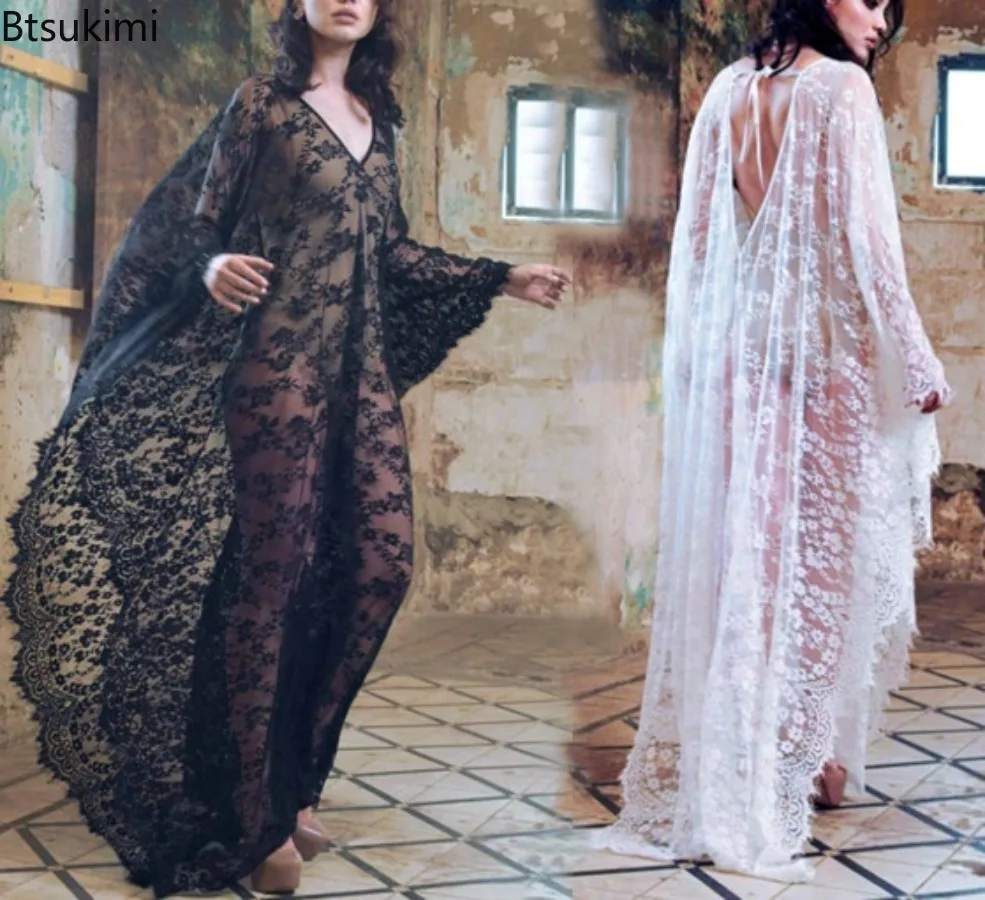 New Women's Sexy Lace Beach Bikini Cover Ups Beachwear Swimwear Women Dress Summer Swimsuit Hollow Out See-through Vacation Robe