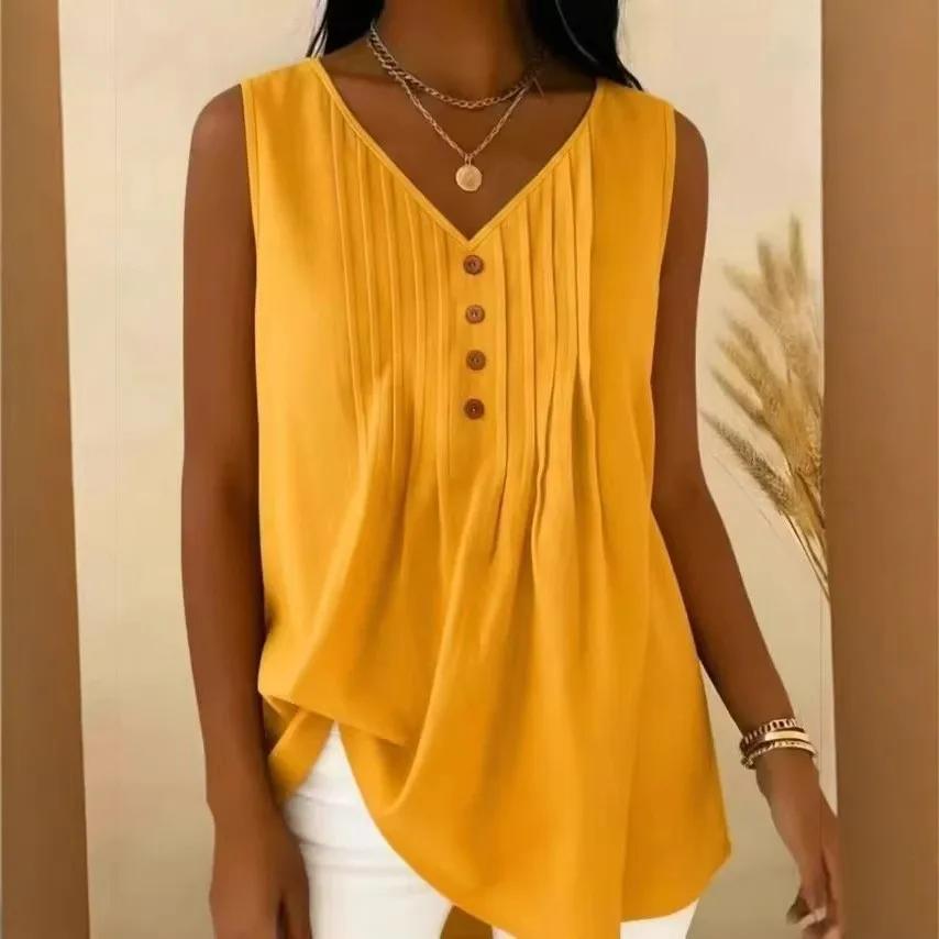 Casual V Neck Loose Fit Bohemian Top with Midi Length Single Row Multi Button Closure Sleeveless Woven Tank Top for Women