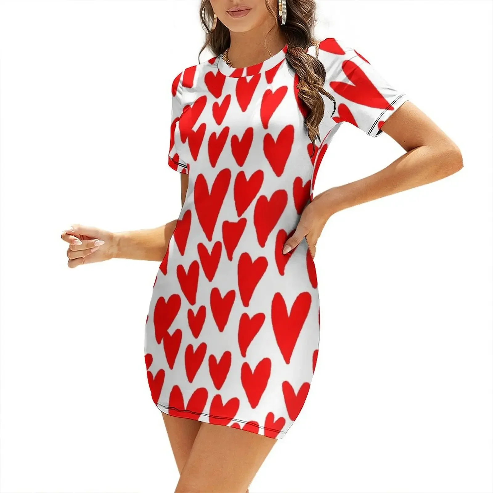 

Hearts red and white love valentines day heart pattern minimal Short-Sleeved Dress Dress women
