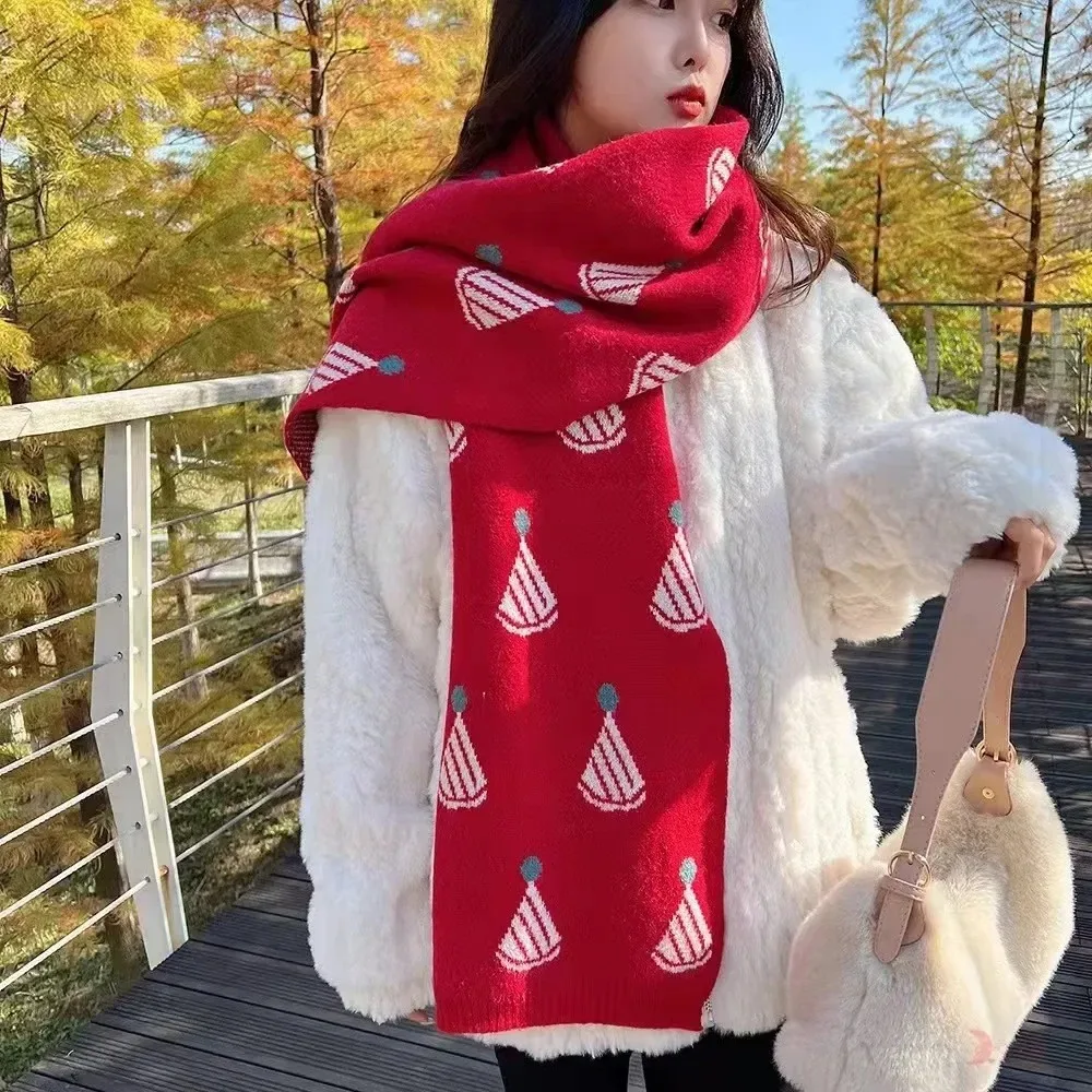 Syal Kotak-kotak Merah Wanita Penghangat Leher Pasangan Pelajar Serbaguna Musim Gugur Musim Dingin Hadiah Natal Tahun Baru