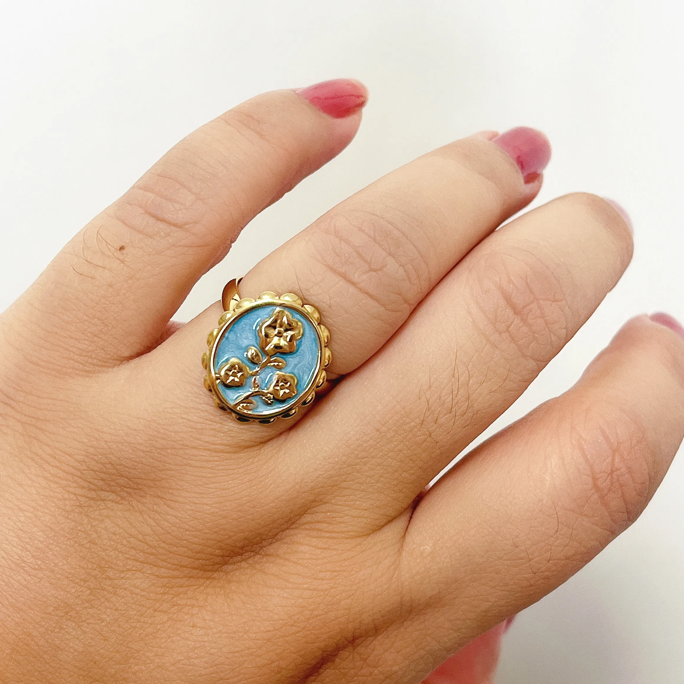 25 قطعة/الوحدة الرجعية البيضاوي الأزرق النفط بالتنقيط الفولاذ المقاوم للصدأ حلقة مفتوحة للنساء-نغمتين النفط روز المحكمة نمط مجوهرات اكسسوارات #5