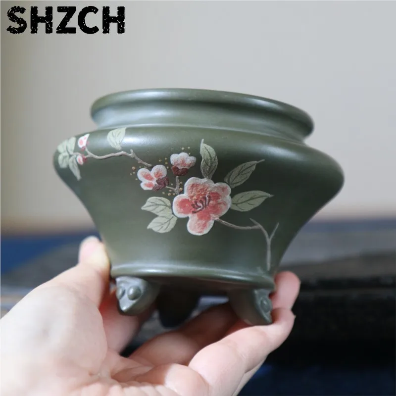Purple Clay Flower Pot Lotus Flowers Plum Blossoms Mud Painted Handmade Pot Hand-painted Bonsai Flower Pot Desktop Bonsai Crafts