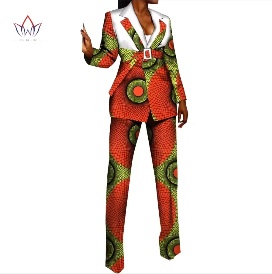 Riche African Print Blazer and Pants Sets for Women Dashiki Full Sleeve Ruffles Blazers Suit Sets Office Lady Outfits WY9804