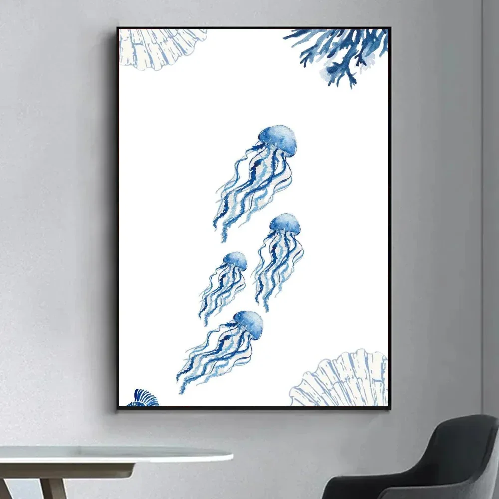 1pc Retro Sea Animal Cyanea Jellyfish Squid Shark Poster Self-adhesive Art Waterproof Paper Sticker Wall Decor