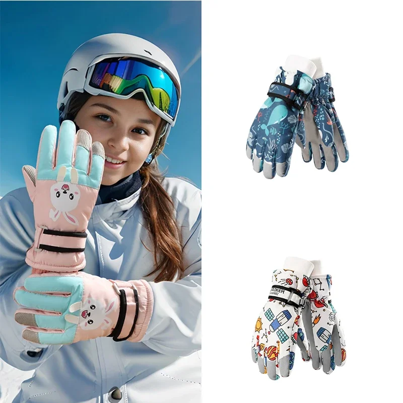 Ski Gloves for Children, Waterproof, Thicken Lined, Fleece, Warm, Full Fingers, Snow, Anti-Slip, Sports, Windproof, Kids, Winter