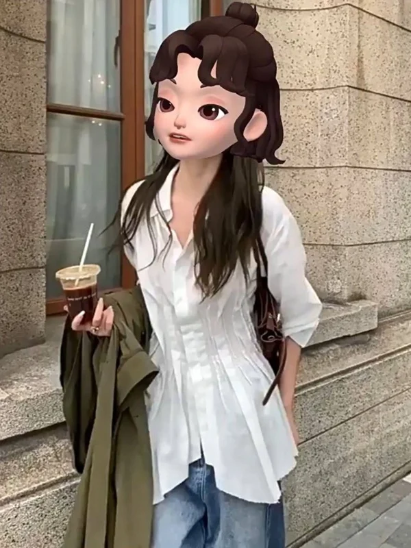 

Women's Loose Long Sleeve Shirt Waist Design Spring Autumn New Style Korean Version Casual Style Fashionable White Shirt
