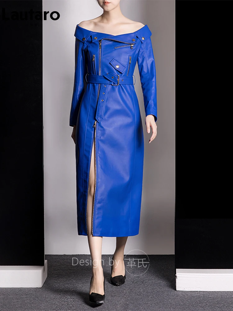 Lautaro Spring Autumn Cool Blue Pu Leather Maxi Biker Dress Women Zipper Belt Off Shoulder Elegant Luxury Designer Clothing 2023 - AliExpress 200000345 Lautaro Spring Autumn Cool Blue Pu Leather Maxi Biker Dress Women Zipper Belt Off Shoulder Elegant Luxury Designer Clothing 2023 - AliExpress 200000345
