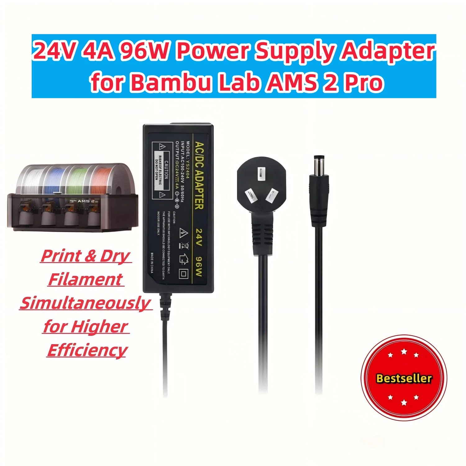 96W 24V 4A Power Adapter for Bambu Lab AMS 2 Pro, Enables Printing & Drying at the Same Time for Higher 3D Printing Efficiency