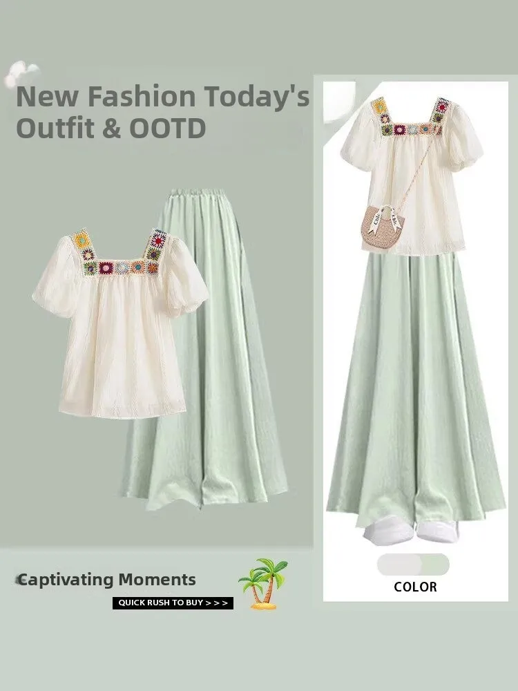 Summer Green Dopaamine Women's Fashion Set Short Sleeve High Waist Skirt Pants Slimming Effect Quality Ageless T-Shirt And Sk...