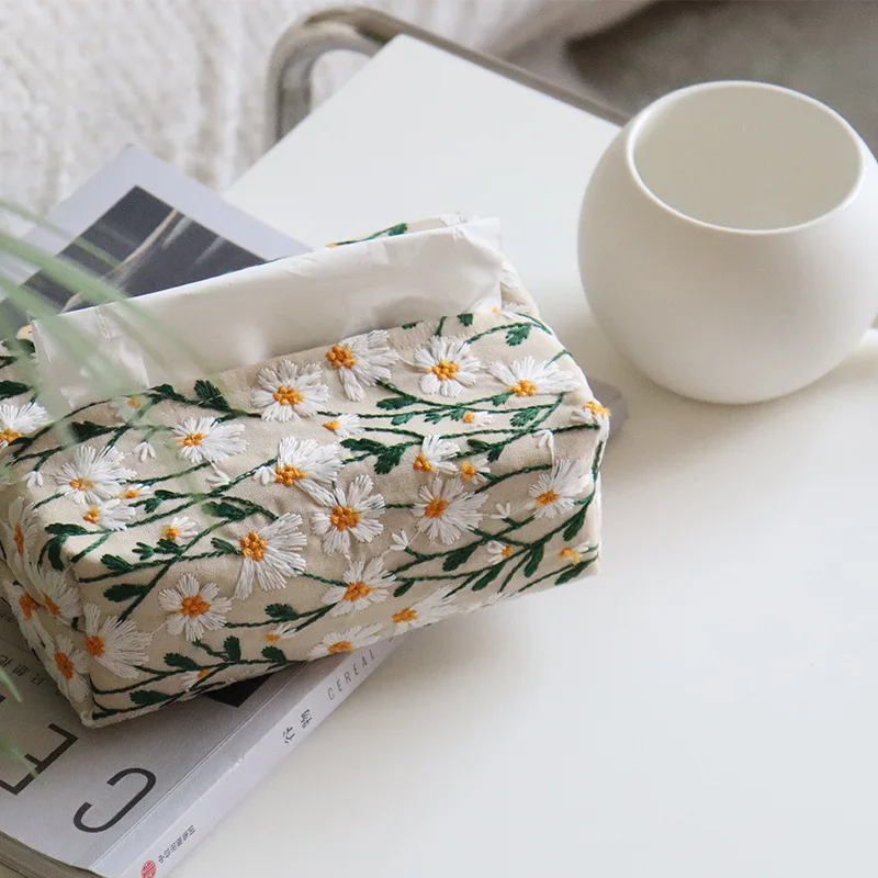 Daisy Tissue Box Living Room Home Coffee Table Paper Drawer New Chinese Napkin Box Set Embroidered Flowers Car Tissue Box