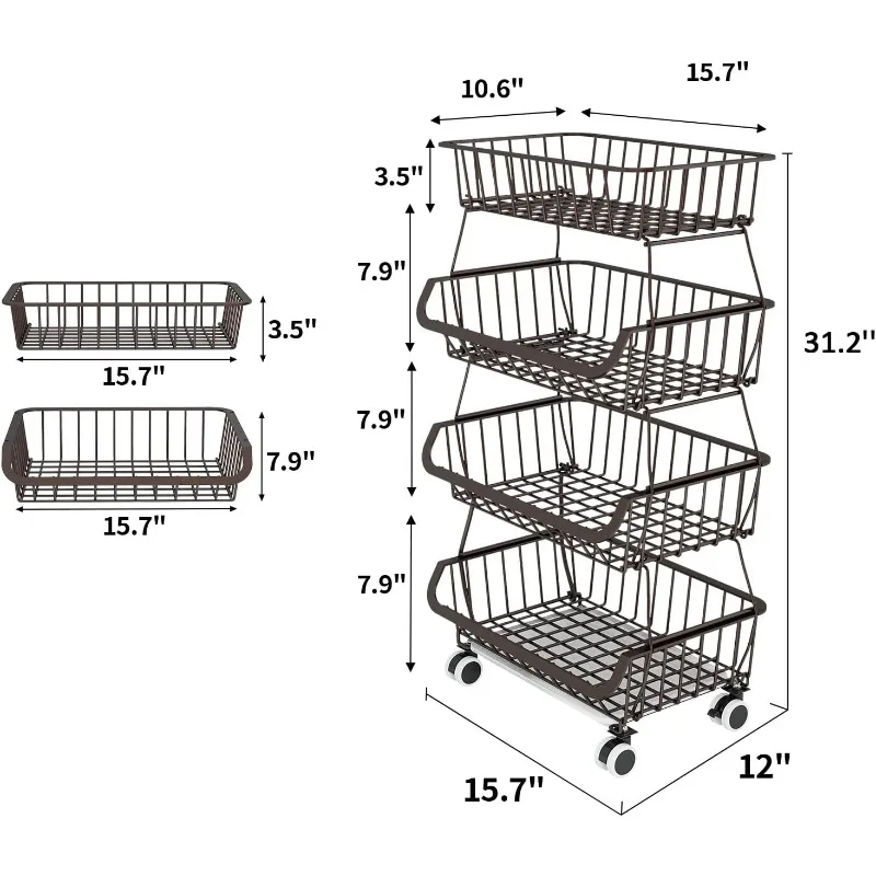 4 Tier Stackable Metal Wire Baskets Cart with Rolling Wheels Utility Fruits Rack Produce Snack Organizer Bins