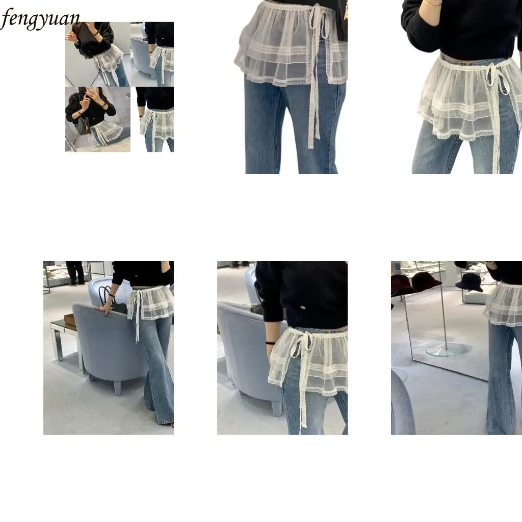 

B2QE Elegant Lace Mesh Skirt With Tie Detail Overlay Skirts For Stylish Layered Look