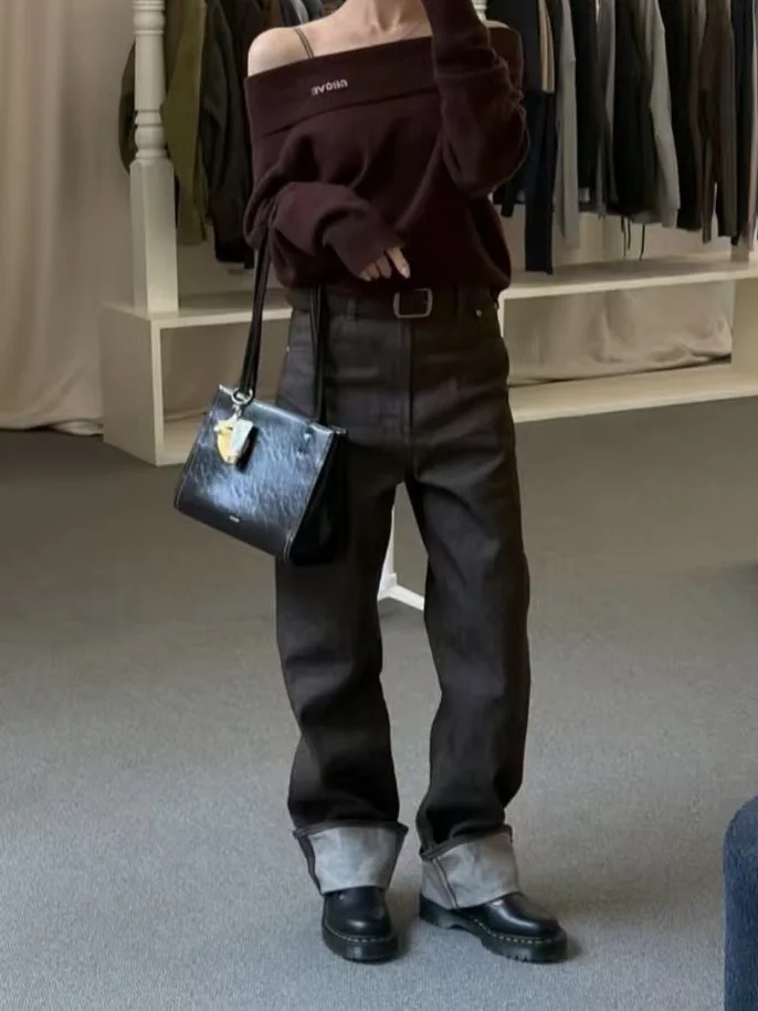 

Casual Versatile Brown Loose Straight Leg Jeans Turned up Long Pants Women's Spring Cotton Comfortable Fit All-Match Jeans