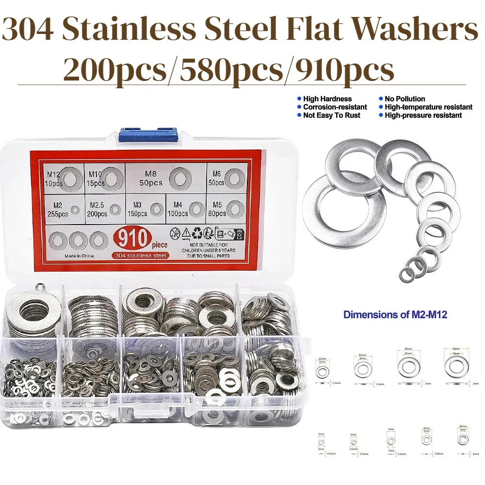 910/580/200pcs 304 Stainless Steel Flat Washers Assortment Kit (M2 M2.5 M3 M4 M5 M6 M8 M10 M12) Suitable for Home Decoration