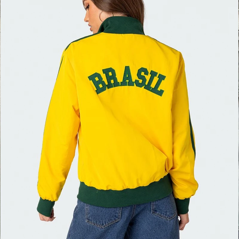 BRASIL Vintage Embroidery Jacket Women Star Girl Y2k Streetwear Harajuku Oversize Korean Fashion Yellow Jackets Zipper Hooded