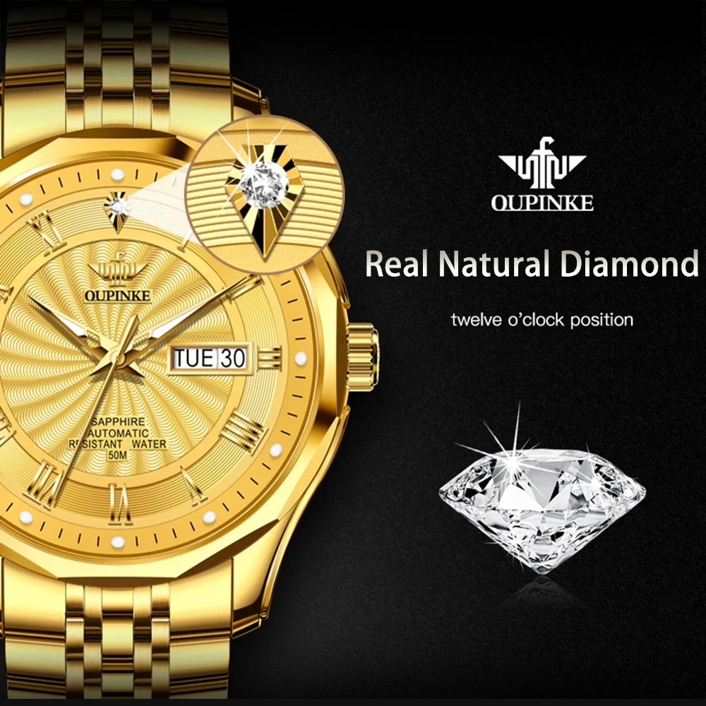 OUPINKE Real Diamond Automatic Mechanical Watch for Men Swiss Top Brand Luxury Sapphire Crystal Mirror Waterproof Gold Watches