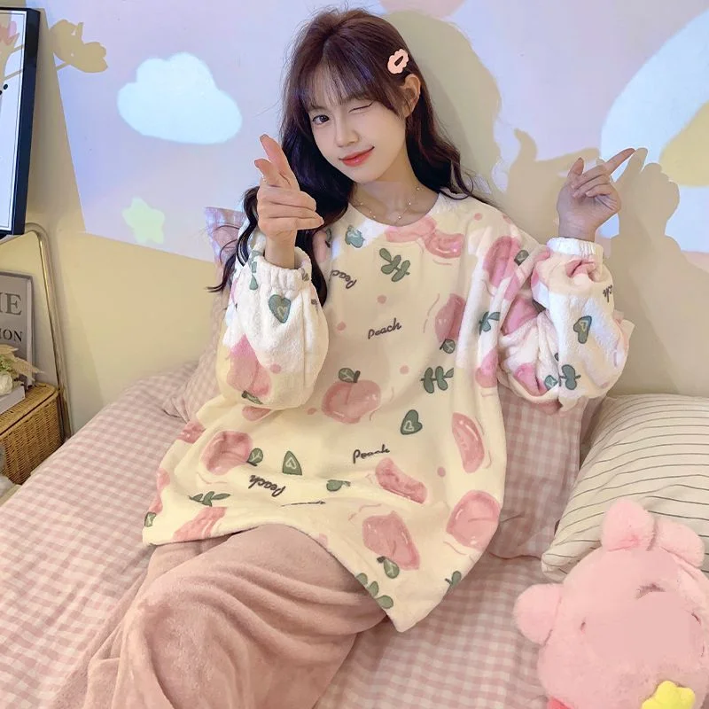 

Женские пижамы для девочек, осенне-зимняя фланелевая одежда для сна, утепленная милая корейская версия, пижама из кораллового флиса с круглым вырезом, домашняя одежда, костюм