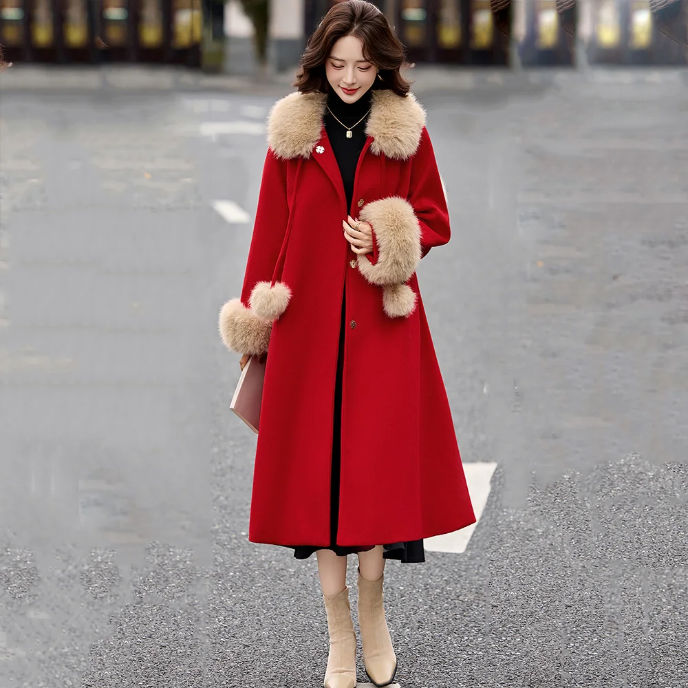 

New Women Wool Blended Coat Autumn Fashion Fur Collar Covered Button Loose Waist Woolen Coat Elegant Casual A-line Long Coat