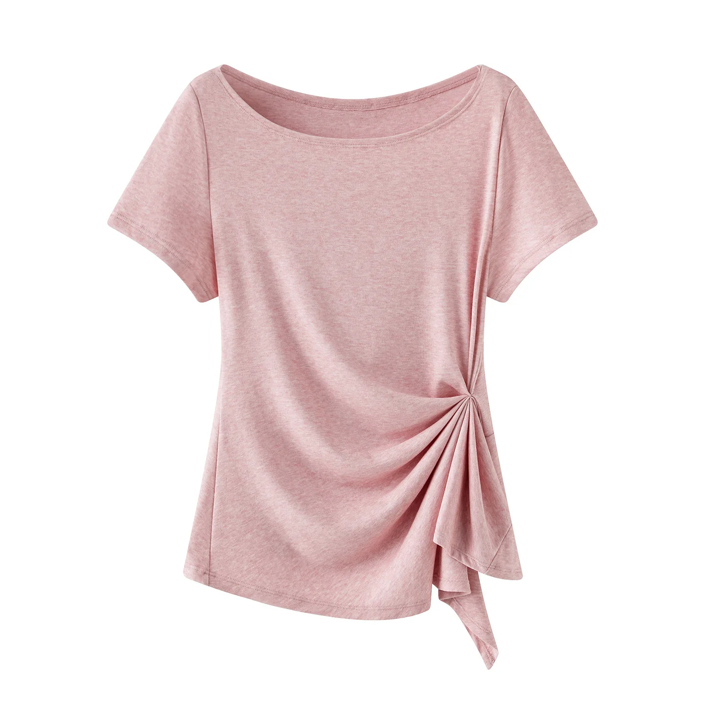 Maxdutti Wrinkled Waist Cinched Short Sleeved T-shirt 2026 Summer New Casual Solid Color Slim Fit Top With Head And Shoulder