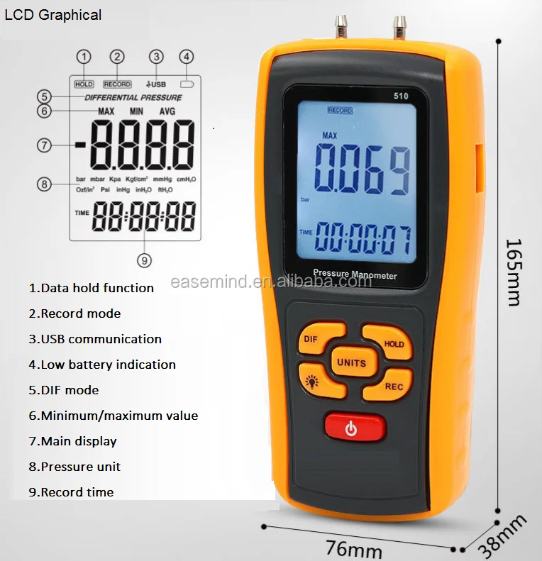 Digital display differential manometer vacuum pressure GM510