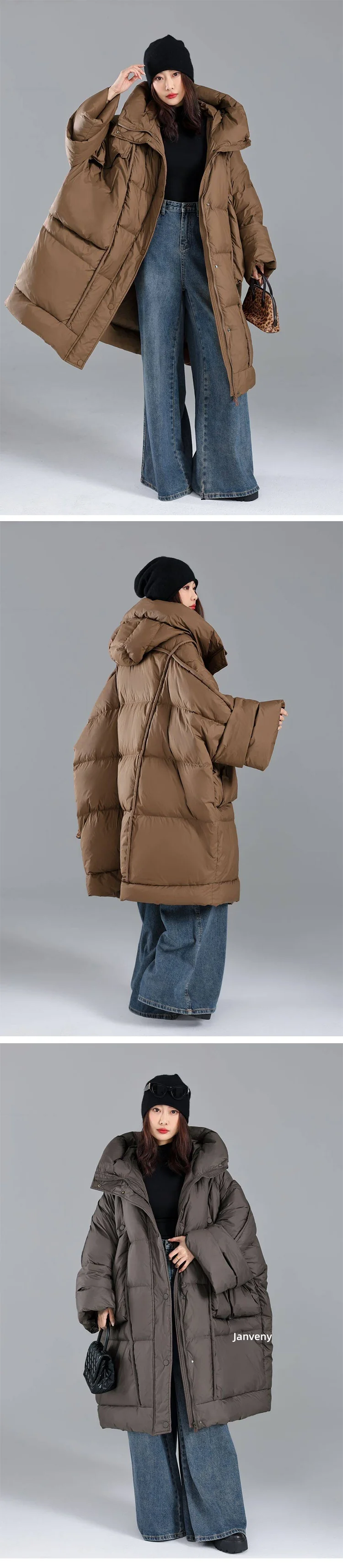 Janveny 2026 Newest Winter Loose Long Puffer Jacket Women Hooded 90% White Duck Down Coat Female Fluffy Warm Down Parka Outwear