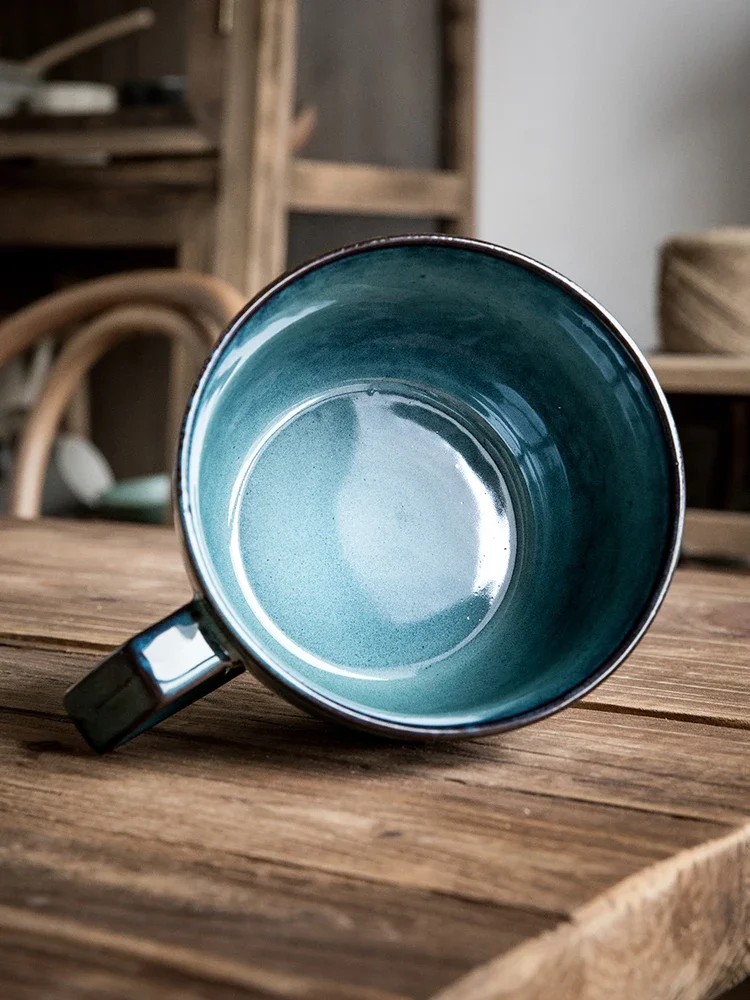 Vintage Blue Ceramic Bowl Cup Large Mug for Oatmeal Breakfast Home Use