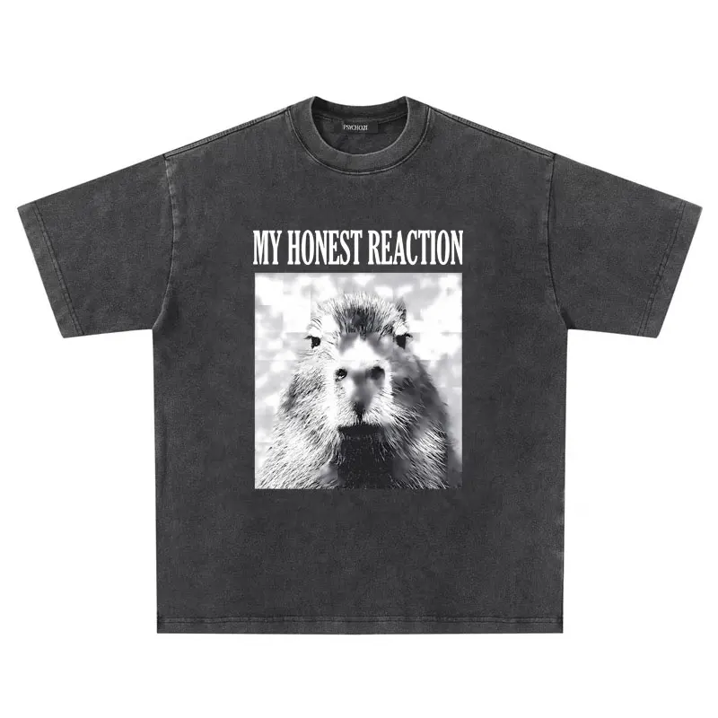 

Washed Vintage Cute Funny Capybara Graphic Print T Shirt My Honest Reaction Tshirt Men Casual Oversized T-shirt Male Cotton Tees