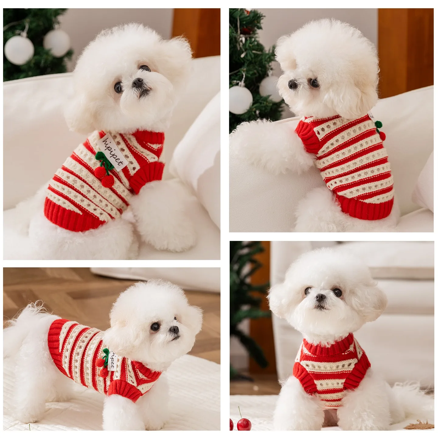 

Maltese Cherry Sweater Dog Winter Clothes Yorkshire Terrier Fashion Striped Pullover Warm Dog Knit Sweater