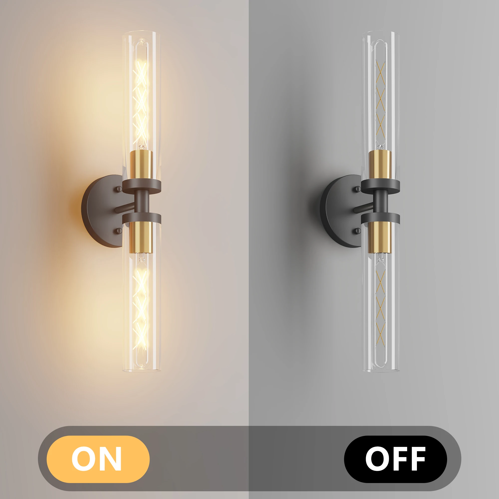2-Pack شمعدان حائط مزدوج صناعي حديث مع ظلال زجاجية شفافة، مصباح حائط داخلي E26 بقاعدة 120 فولت، إضاءة زينة للمزرعة