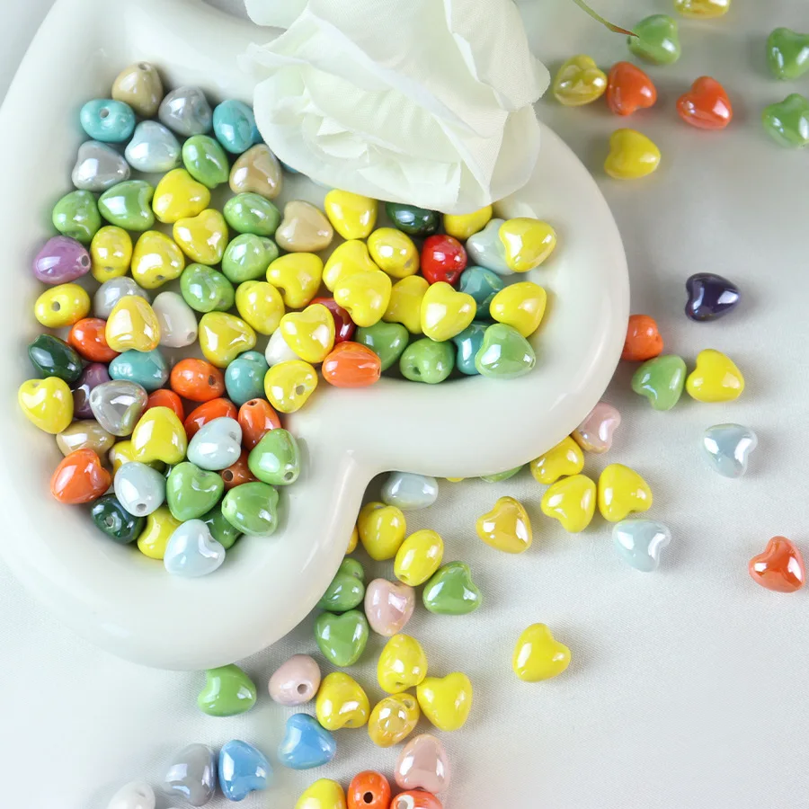 10pcs 12mm Heart Shape Shiny Glossy Ceramic Beads Porcelain Loose Spacer Beads  for Jewelry Making DIY Bracelet Necklace Crafts