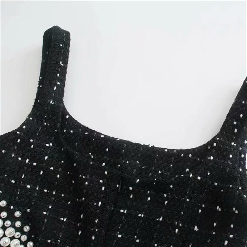 Women's Casual And Fashionable Pearl Embellishment Texture Hollowed Out Suspender Dress