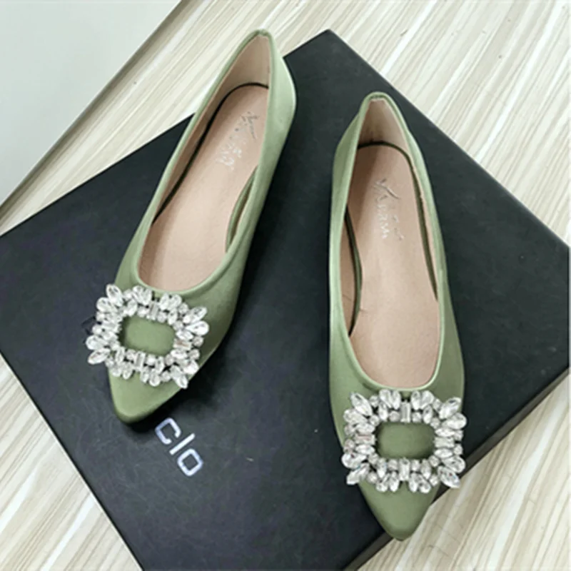 Women Green Blue Shoes Silk Null Plain Flats Pointed Toe Slip-On With Crystal Buckle Shallow Mouth Cute Retro Tacons  32-48 28cm