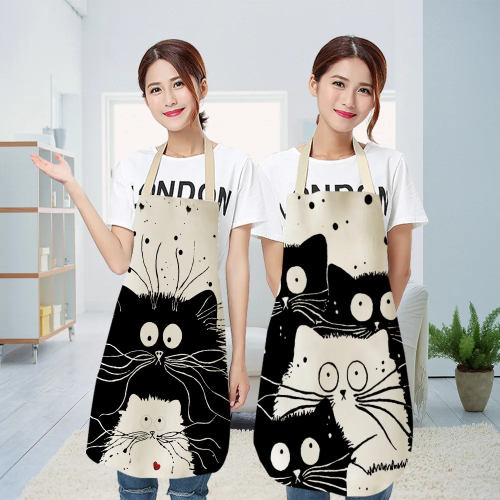 Cats Apron Cotton And Linen Printed Aprons For Home Kitchen Oil Resistant Aprons Cartoon Couple Style Cover Customized Printing