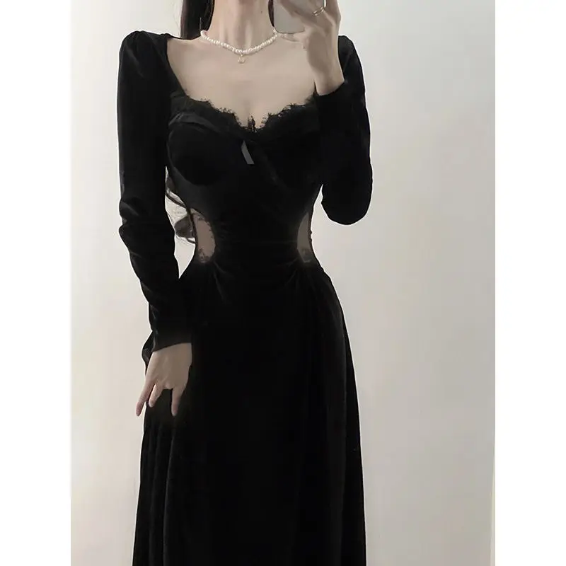 

French Style Powerful Women's Formal Dress High-end Light Luxury Niche Retro Black Velvet Dress Autumn New Collection Dresses