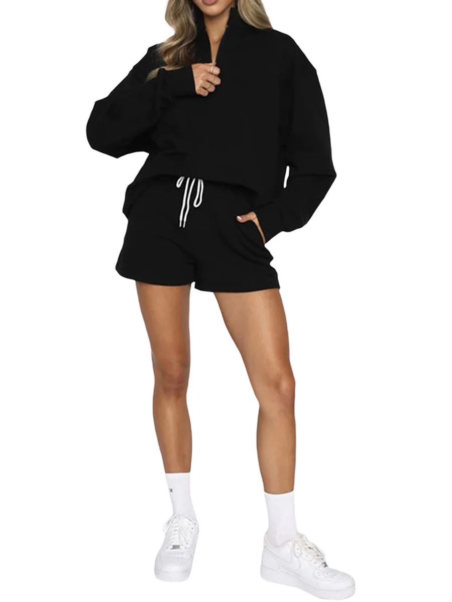 

Women 2 Piece Outfits Sweatsuit Oversized Half Zip Collared Sweatshirt Shorts Set Lounge Matching Sets Tracksuit Set