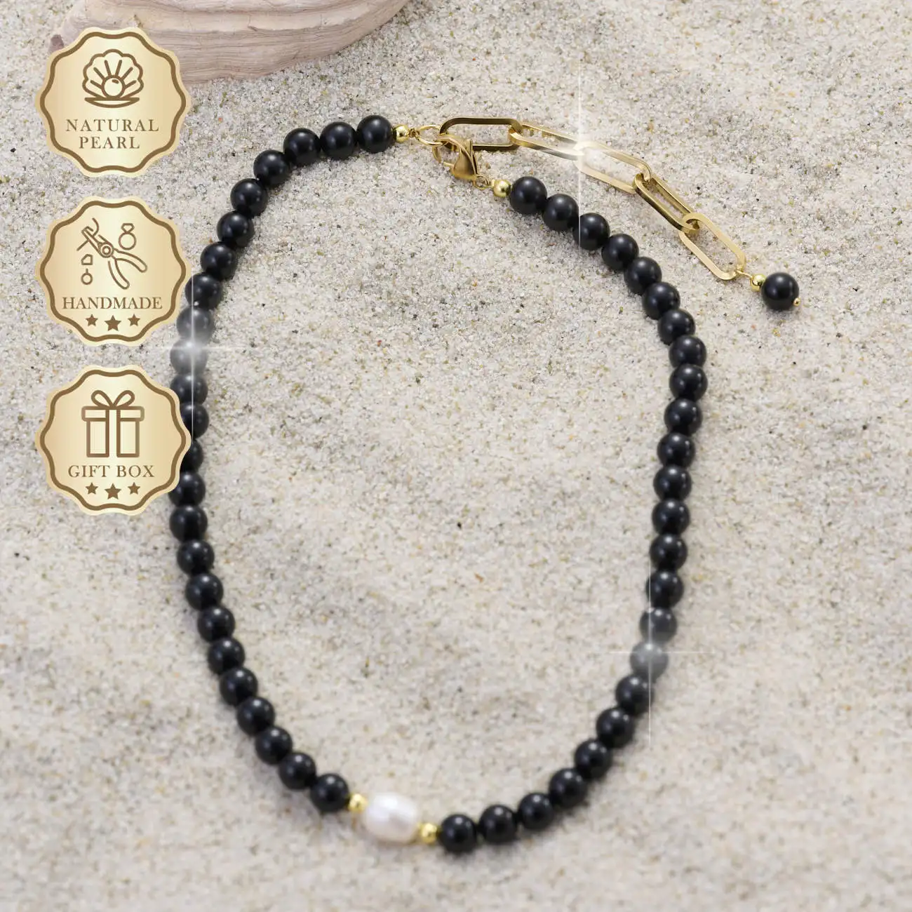 

MYSOYA Black Onyx Freshwater Pearl Necklace 10–11mm with Gold Extender Chain, Gift Box, Birthday & Anniversary Gift