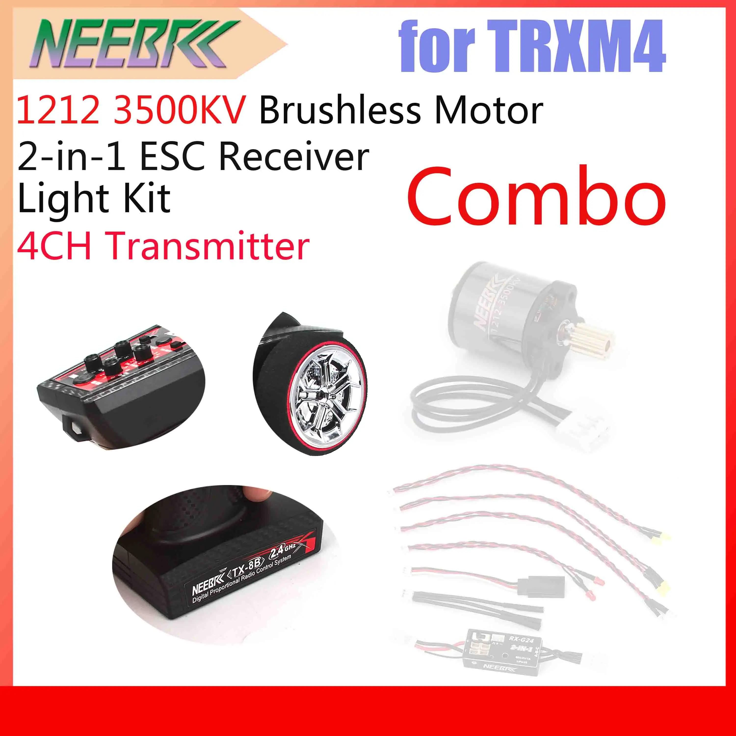 NEEBRC 1212 3500KV 11T Brushless Motor 2‑in‑1 ESC Receiver Light Kit 4CH Transmitter Combo for RC Car Crawler Axial Part TRXM4