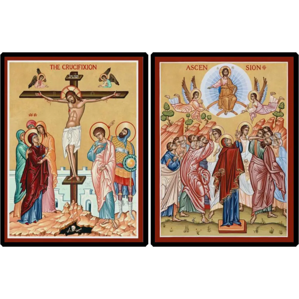 Large Orthodox Crucifixion Icon Canvas Print Byzantine Catholic Altar Art Great Feast Renaissance Cross for Home Chapel Decor