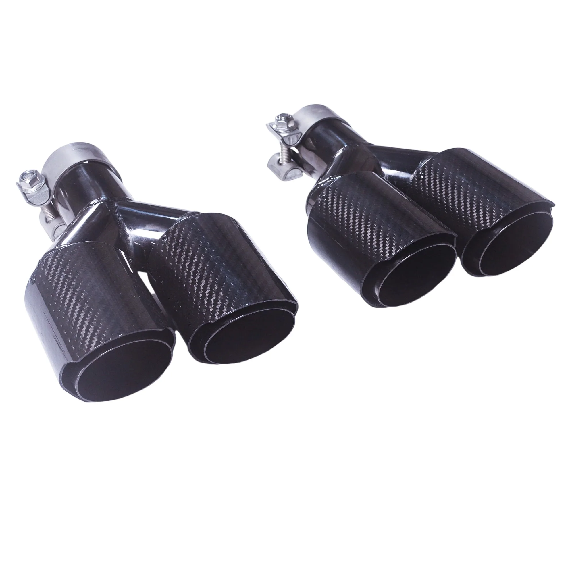 Ujung knalpot serat karbon glossy berbentuk Y dengan dua lubang keluar, dekorasi nozzle knalpot, universal stainless steel